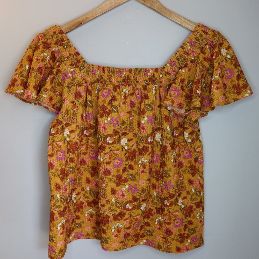 Loft Blouse Womens S Yellow Floral Short Sleeve Smocked Stretch 90s Gorpcore